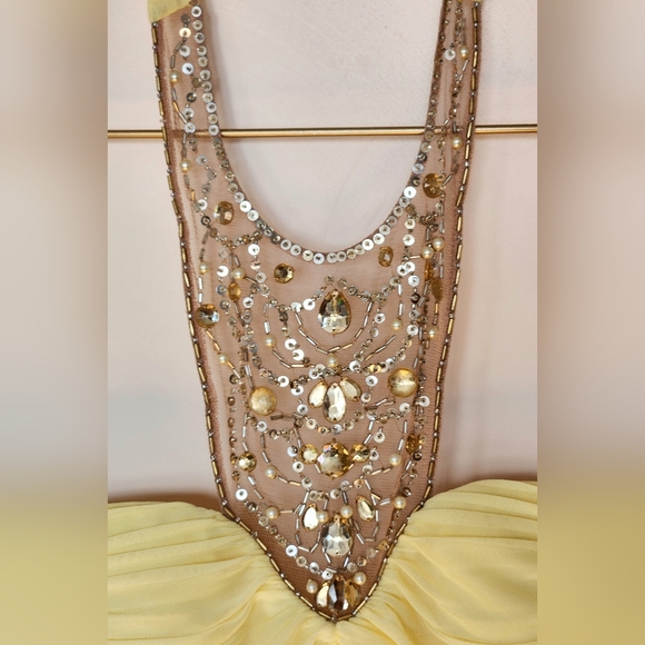 No Brand/No Tags Pale Yellow Chiffon Halter Neck Empire Waist Gown Jewel detail - Picture 4 of 16